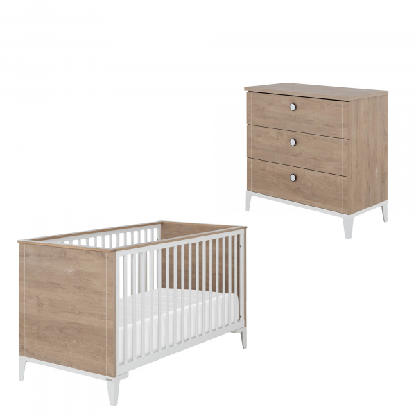 Chambre duo lit bébé évolutif 70x140 cm + commode marcel blanc Galipette