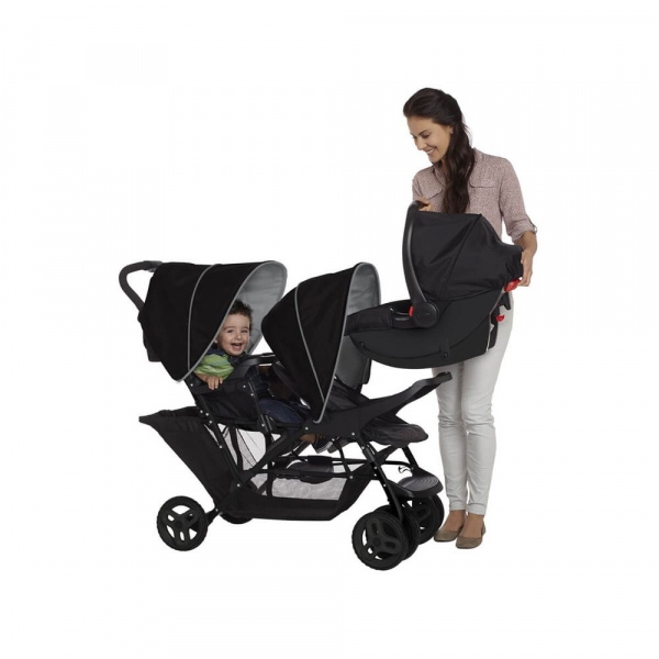 Poussette duo stadium double black grey + 2 sièges auto snugessentials midnight Graco