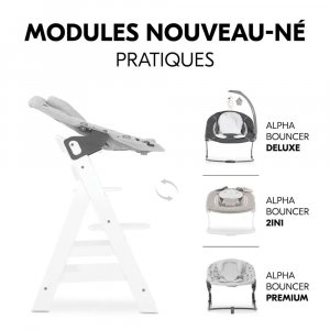 Chaise haute évolutive alpha blanche + transat light grey Hauck