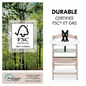 Chaise haute bébé arketa n play en bois vert clair avec plateau de jeu Hauck