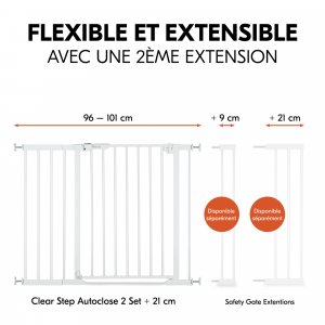 Barrière d'escalier clear step autoclose 2 avec extension +21 cm white Hauck