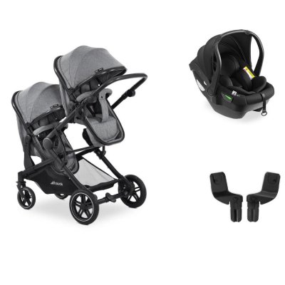 Pack duo poussette double atlantic jumeaux grey+ 1 siège auto drive n care avec adaptateurs