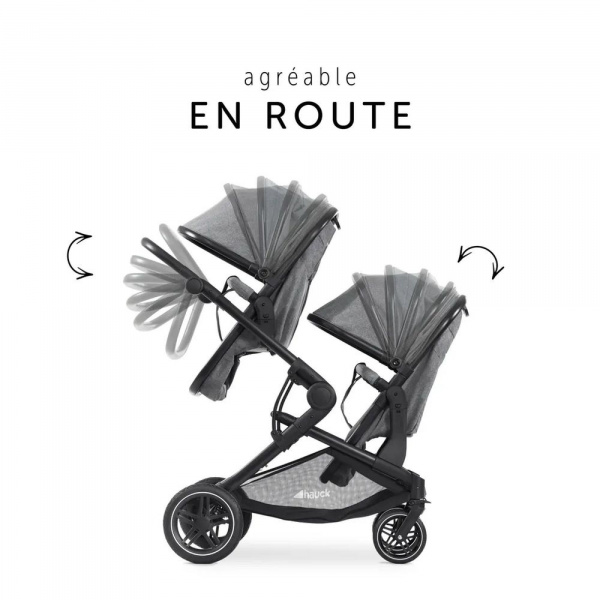 Pack duo poussette double atlantic jumeaux grey+ 1 siège auto drive n care avec adaptateurs Hauck