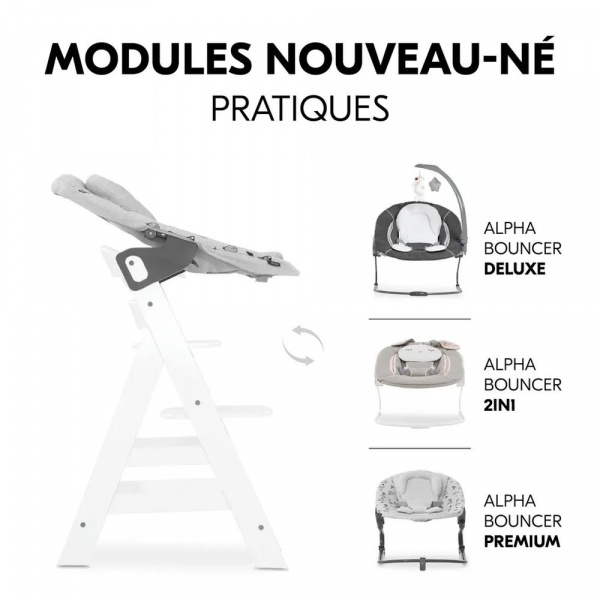 Chaise haute évolutive alpha blanche + transat light grey Hauck