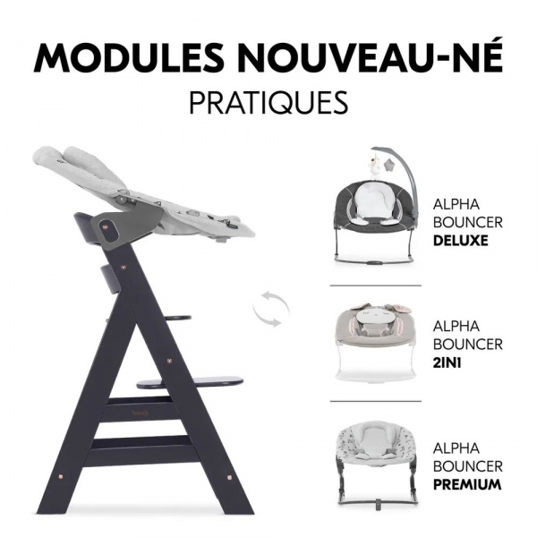Chaise haute évolutive alpha noir + transat premium dark grey Hauck