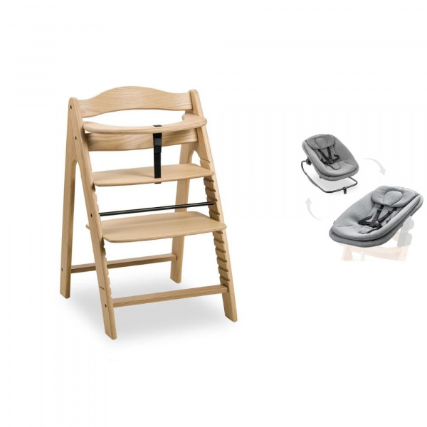 Chaise haute bébé arketa bois naturel + transat bébé pour chaise haute gris Hauck