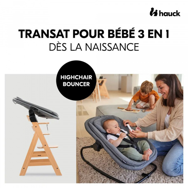 Chaise haute bébé arketa bois naturel + transat bébé pour chaise haute gris Hauck