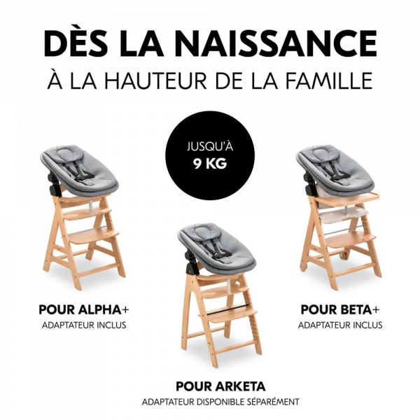 Chaise haute bébé arketa bois naturel + transat bébé pour chaise haute gris Hauck