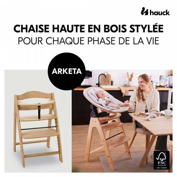 Chaise haute bébé arketa bois naturel + transat bébé pour chaise haute gris Hauck
