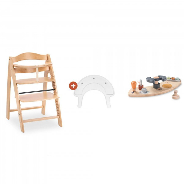Chaise haute évolutive arketa n play beech avec plateau et jeu en bois play cockpit Hauck