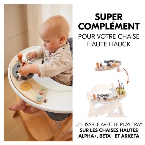 Chaise haute évolutive arketa n play beech avec plateau et jeu en bois play cockpit Hauck
