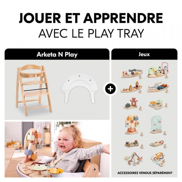 Chaise haute évolutive arketa n play beech avec plateau et jeu en bois play cockpit Hauck