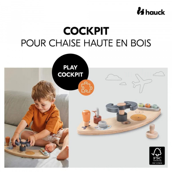 Chaise haute évolutive arketa n play blackwashed avec plateau et jeu en bois play cockpit Hauck