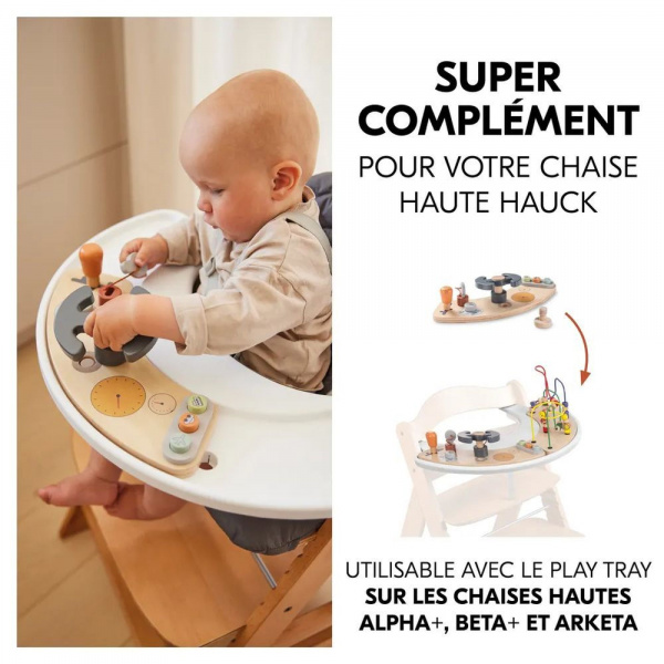 Chaise haute évolutive arketa n play blackwashed avec plateau et jeu en bois play cockpit Hauck