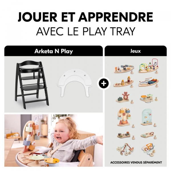 Chaise haute évolutive arketa n play blackwashed avec plateau et jeu en bois play cockpit Hauck