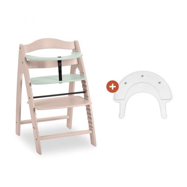 Chaise haute bébé arketa n play en bois vert clair avec plateau de jeu Hauck