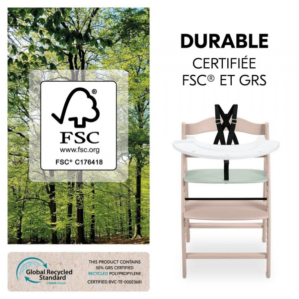 Chaise haute bébé arketa n play en bois vert clair avec plateau de jeu Hauck