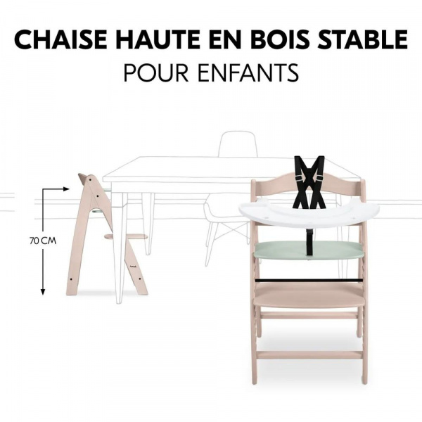 Chaise haute bébé arketa n play en bois vert clair avec plateau de jeu Hauck