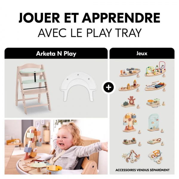 Chaise haute bébé arketa n play en bois vert clair avec plateau de jeu Hauck