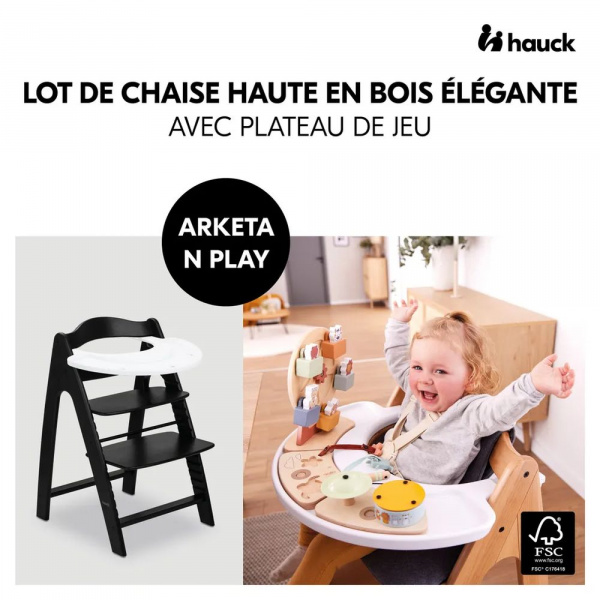 Chaise haute bébé arketa n play en bois noir avec plateau de jeu Hauck