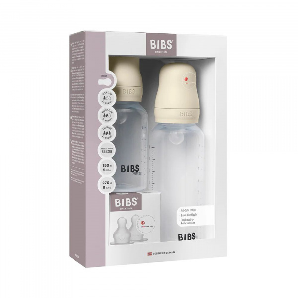 Coffret de 2 biberons + tétines silicone ivoire Bibs