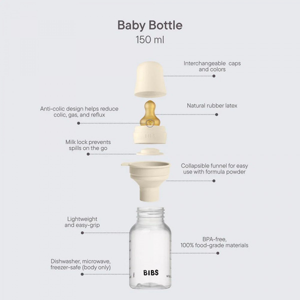 Biberon anti colique 150 ml ivoire + tétine latex Bibs