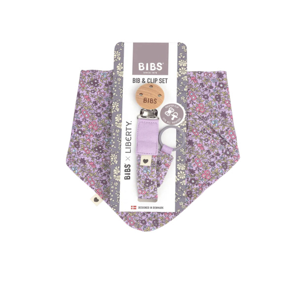 Set bavoir + attache tétine liberty chamomile lawn violet sky Bibs