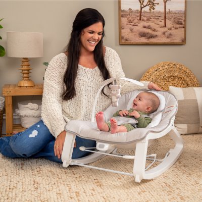 Transat bébé bascule évolutif 3-en-1, arche avec jouets peluches amovible, gris