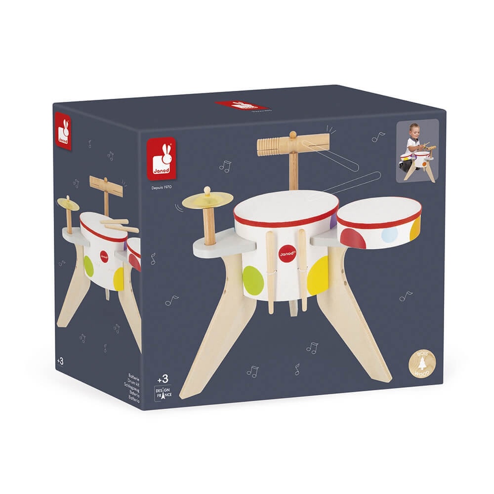 Janod Batterie En Bois Confetti - Instrument De Musique Enfant Dès 3 Ans Avec Tambour, Cymbale Et 2 Baguettes
