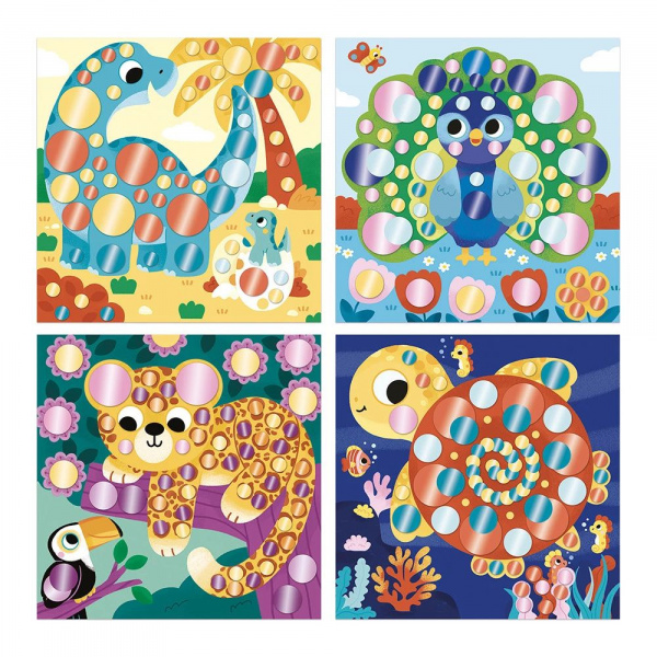 Pochette de gommettes stickers et 4 tableaux à décorer animaux métalisés Janod