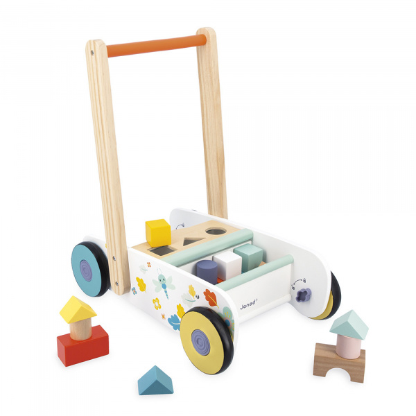 Chariot de marche enfant avec cubes en bois à encastrer pure Janod