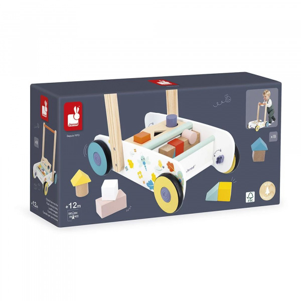 Chariot de marche enfant avec cubes en bois à encastrer pure Janod