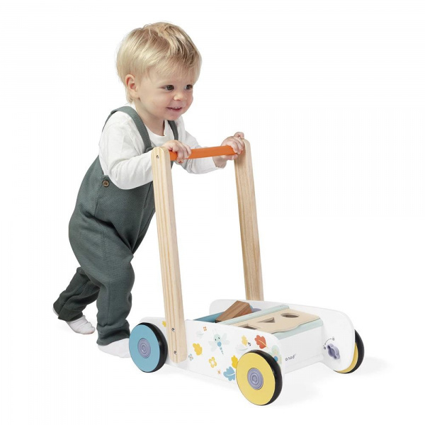Chariot de marche enfant avec cubes en bois à encastrer pure Janod