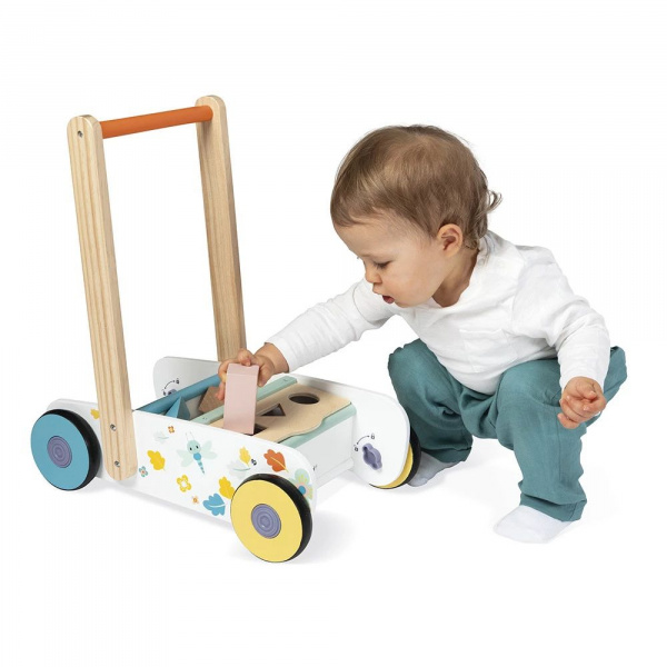 Chariot de marche enfant avec cubes en bois à encastrer pure Janod