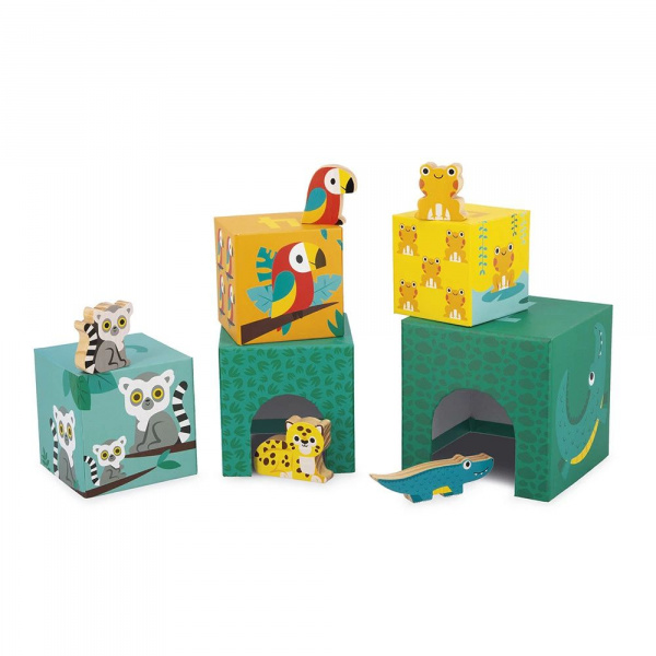 5 cubes à empiler pyramide tropik avec figurines en bois Janod
