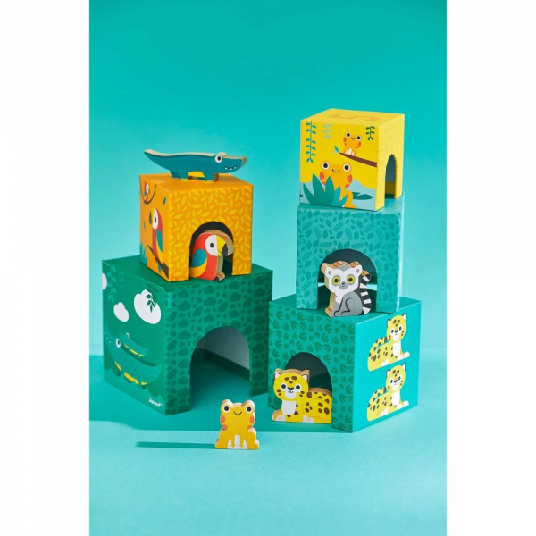 5 cubes à empiler pyramide tropik avec figurines en bois Janod