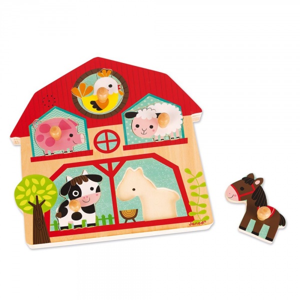 Puzzle en bois musical les copains de la ferme 5 pièces Janod
