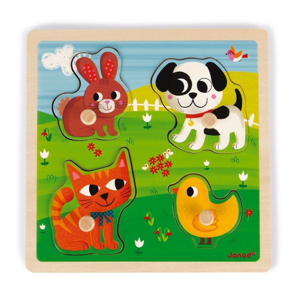 Puzzle en bois tactile premiers animaux 4 pièces Janod