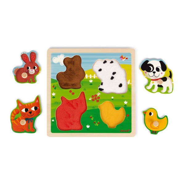Puzzle en bois tactile premiers animaux 4 pièces Janod