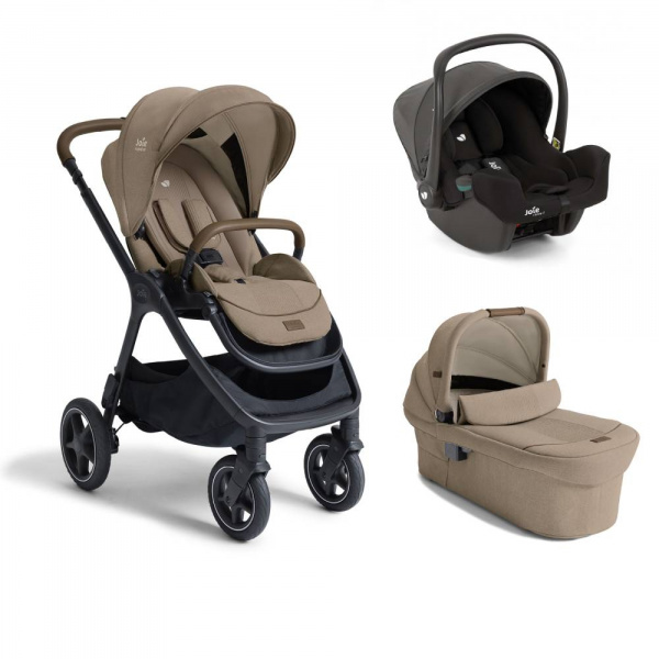 Poussette trio finiti signature sandstone + siège auto i-snug 2 shale noir + nacelle ramble signature xl sandstone beige Joie