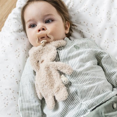 Doudou attache tétine lapin teddy bouclette beige