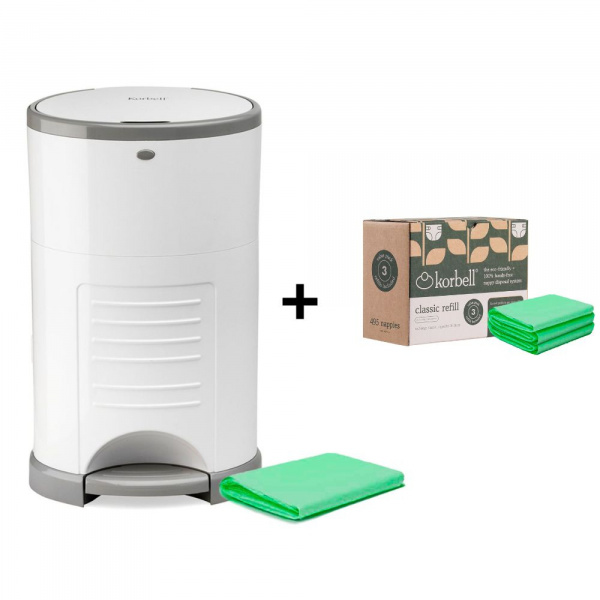 Pack poubelle à couches blanche 16l + 4 recharges anti-odeurs Korbell