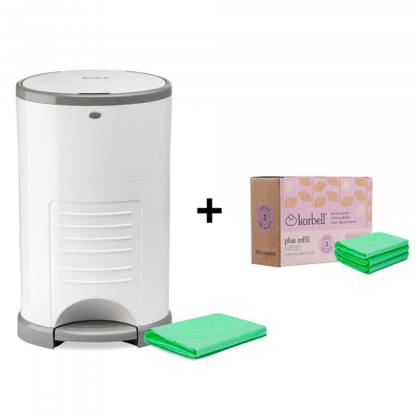 Pack poubelle à couches 26l blanche + 4 recharges anti-odeurs Korbell