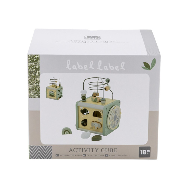 Cube d'activités en bois - vert olive Label label