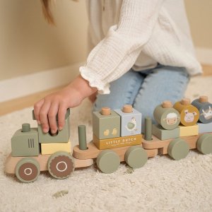 Train à blocs en bois fsc, tracteur - little farm Little dutch