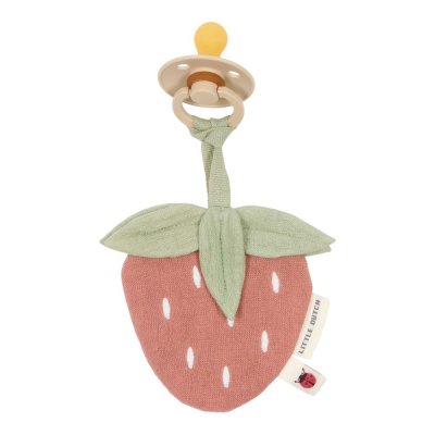 Doudou attache-tétine en gaze de coton - fraise