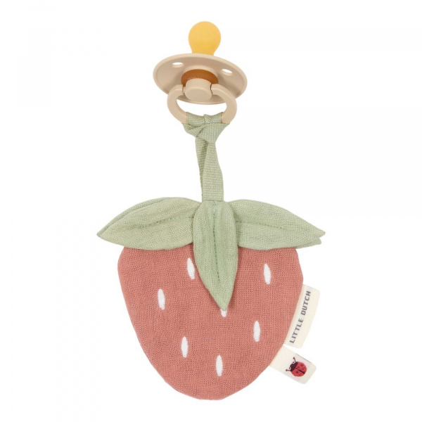 Doudou attache-tétine en gaze de coton - fraise Little dutch