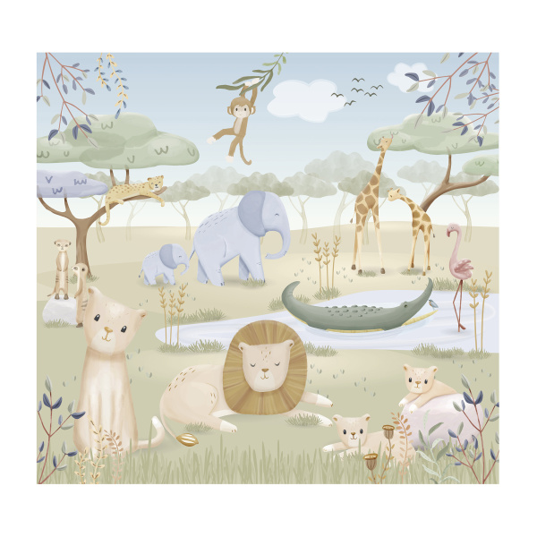Papier peint paysage - safari friends - 300 x 280 cm Little dutch