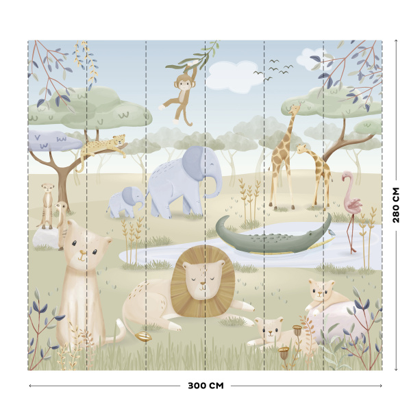 Papier peint paysage - safari friends - 300 x 280 cm Little dutch