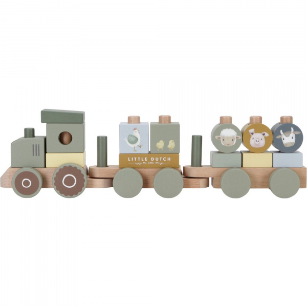 Train à blocs en bois fsc, tracteur - little farm Little dutch